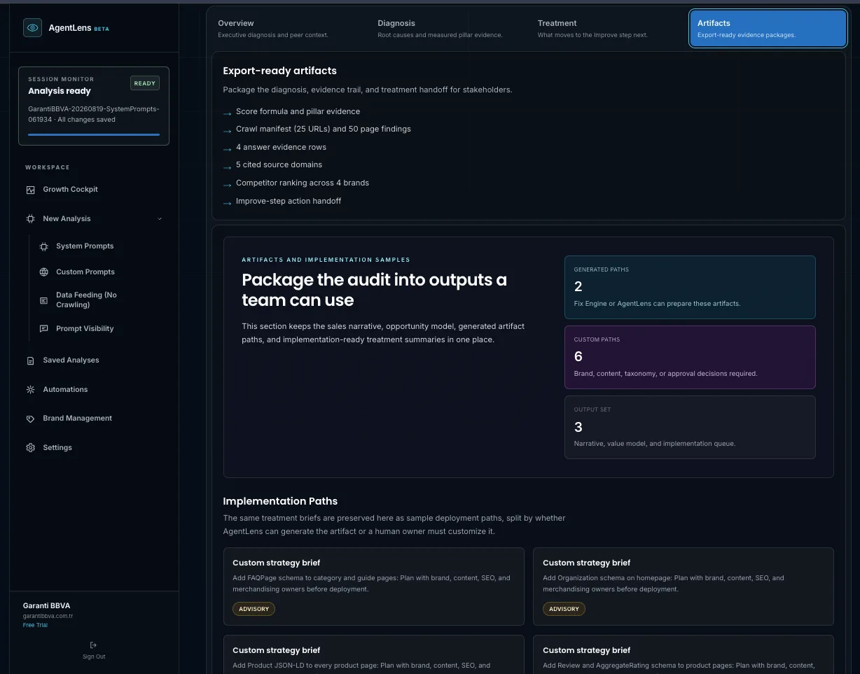 Artifacts view listing export-ready evidence packages and generated fixes